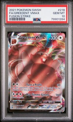 PSA 10 GEM MINT – 2021 Pokémon Sword & Shield Fusion Strike #218 Full Art Greedent VMAX